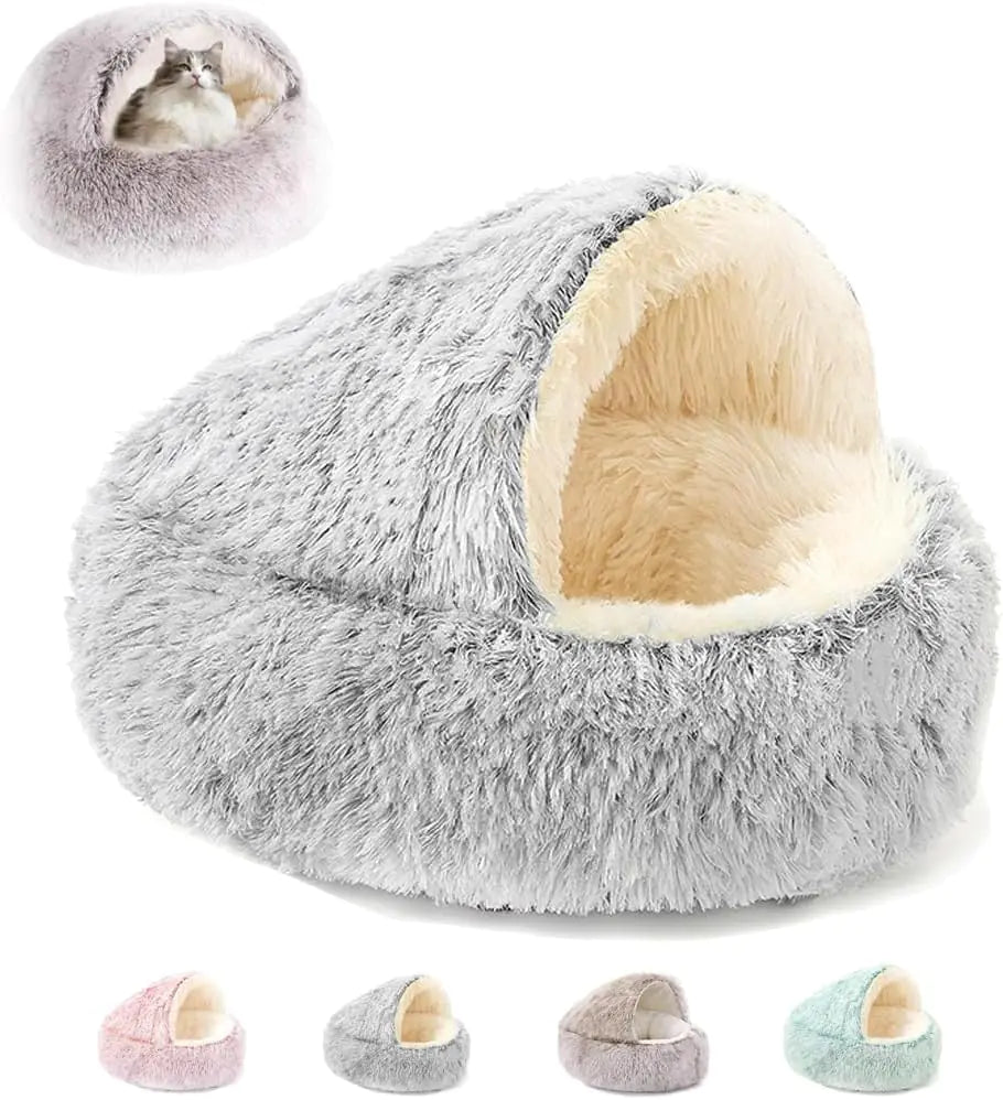 Lapcatz Nest Bed Cat Bed Round Plush Fluffy Hooded Cat Bed Cave Plush Fluffy Pet Round Bed Anti-Slip & Washable Fluffy Cat Bed for Small Medium Pets (Grey50cm/19.7inch)