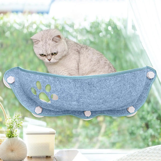 BNOSDM Felt Cat Window Perch Foldable Cat Hammock with 5 Suction Cups and Mat for Window Car Bed Seat for Indoor for Kitten Kitty Small Cats Space Saving (Blue)