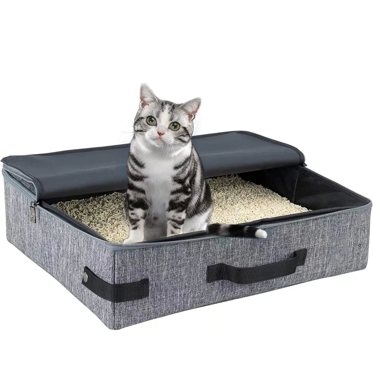 Travel Cat Litter Box with Lid and Handle Portable - Foldable Waterproof Travel Litter Box for Cats Soft Standard Portable Collapsible Litter Carrier (with Lid Grey)