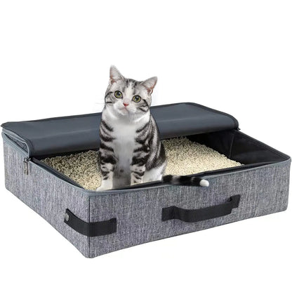 Travel Cat Litter Box with Lid and Handle Portable - Foldable Waterproof Travel Litter Box for Cats Soft Standard Portable Collapsible Litter Carrier (with Lid Grey)