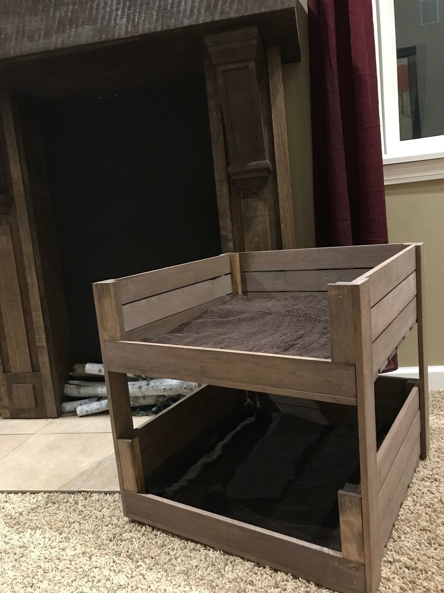 Medium Brown Wooden Pet Bunk Bed – Rustic 2-Tier Dog & Cat Bed Furniture