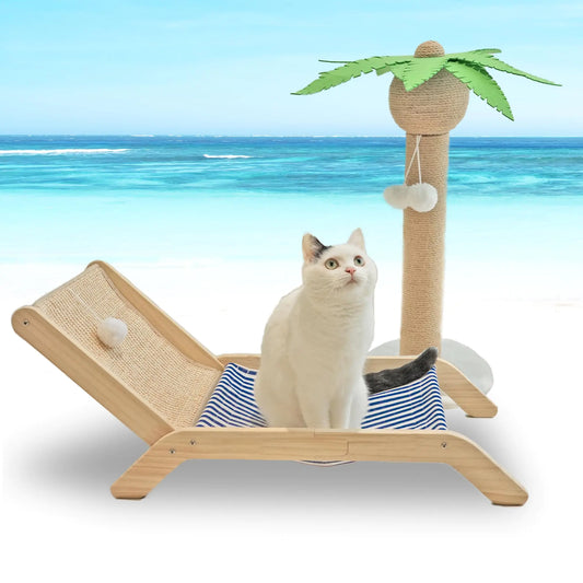 Cat Hammock with Coconut Palm Tree Scratching Post Aberatail Cozy Beach Chair Elevated Cat Beds Sisal Cat Tree Scratching Post for Indoor Cats (Post & Hammock)